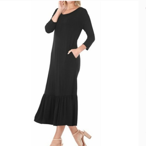 Black ruffle hem modest midi dress M, L - Picture 2 of 3
